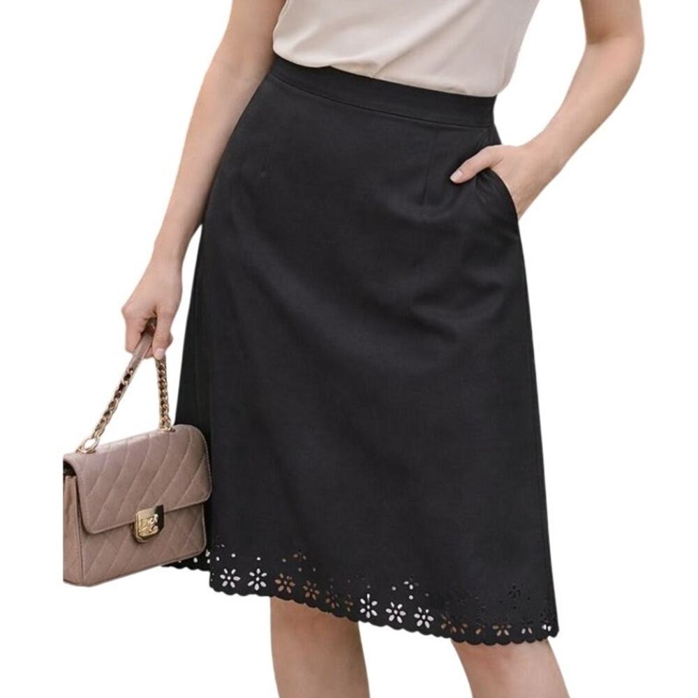 Paule Ka Quiet Luxury Floral Hem Pencil Skirt Sz 10 Black Modern Classic Minimal